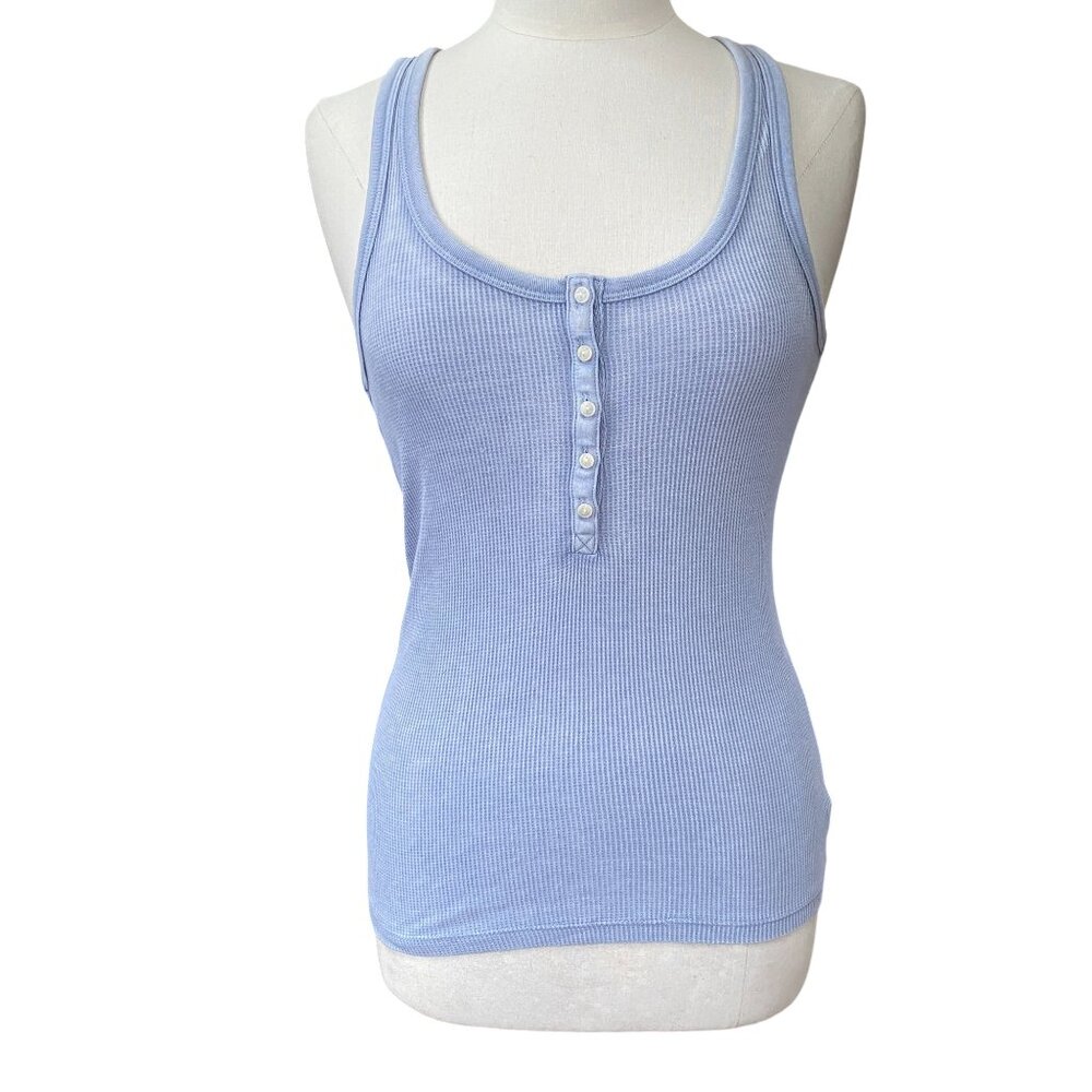 Aerie Y2K Waffle Knit Henley Tank Top Blue Fitted Bella Swan ALT Elena Beach-S